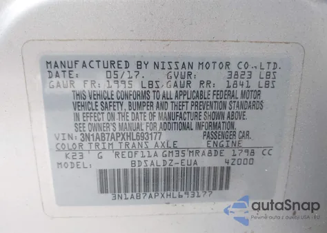 2017 Nissan Sentra Sv from USA, damaged, VIN 3N1AB7APXHL693177